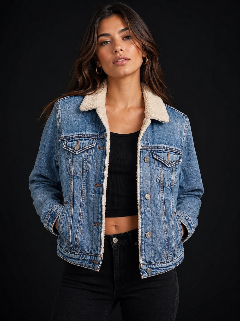 Aeropostale Light Blue Denim Jacket with Cream Sherpa Collar